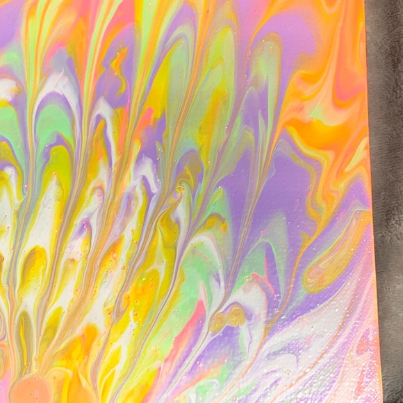 Original Paint Pour Art! 8x8 canvas board with neon pink, purple, green & white - Picture 4 of 5